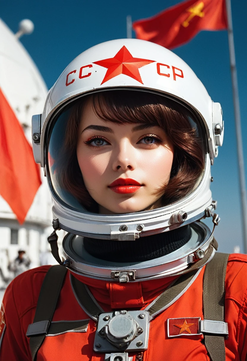 1girl,flat_breasts,cute,beautiful detailed eyes,shiny hair,visible through hair,hairs between eyes, CCCPposter, sovietposter,red monochrome,soviet poster, soviet,communism,
Black_hair,red_eyes,vampire,teenage,poorbreast,Spacesuit:Orange_clothing_body:jumpsuit),white_gloves, white_space shoes, white_helmet, the CCCP red letters on the top of helmet, weightlessness, Side light, reflection, The person in the spacesuit is at the bottom left of the frame, The right hand is outstretched, the right hand gently touches the Salyut space station), Space station in the upper right corner of the screen, Reflected light from the sun, Silver metal,red flag, brilliance,USSR style, diffuse reflection, Metallic texture, The vista is a blue Earth,mecha style,the sea of star,high tone, magnificent