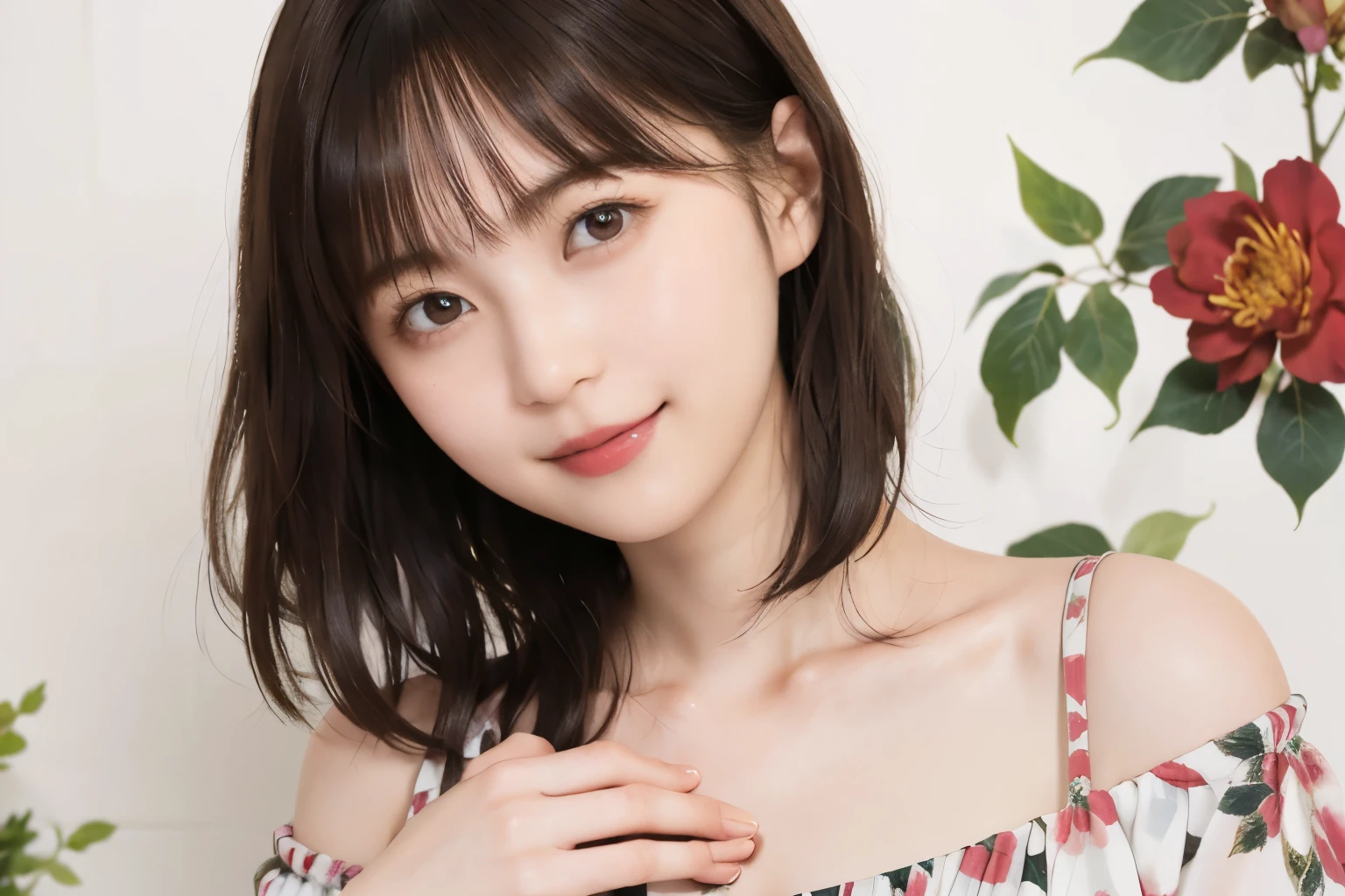 206 Short Hair, 20 year old woman, Floral, gentle smile, (chest:1.2)