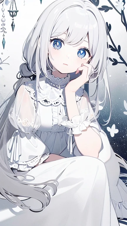 ((masterpiece, best quality))++, Detail lights+,  detail hair+, Detail hand+ ,1 girl, long gray hair,   dark blue eyes,  beautiful eyes, Young gray hair,,(beautiful white hair:1.5),(beautiful eyes),    high resolution+,   ，  Glass tones, Reflective eyeanyery detail wallpaper, The original, ,Headband ，Nature，Beautiful aurora，single ponytail，