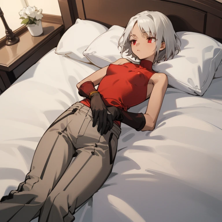((highest quality)), ((masterpiece)), (be familiar with), CANAAN, 1 girl, alone, silver hair,brown skin,red eyes,long pants,red sleeveless,Clothes with a visible back, Slender,slender,short hair,small breasts, erect nipples, gloves, put your hand on your waist,Separate sleeping quarters at the hotel
