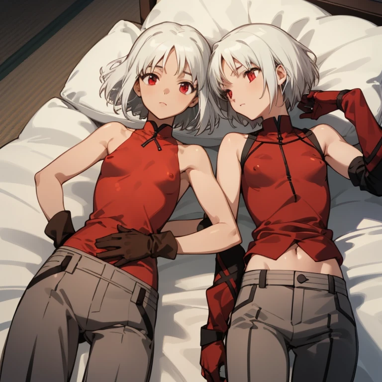 ((highest quality)), ((masterpiece)), (be familiar with), CANAAN, 1 girl, alone, silver hair,brown skin,red eyes,long pants,red sleeveless,Clothes with a visible back, Slender,slender,short hair,small breasts, erect nipples, gloves, put your hand on your waist,Separate sleeping quarters at the hotel
