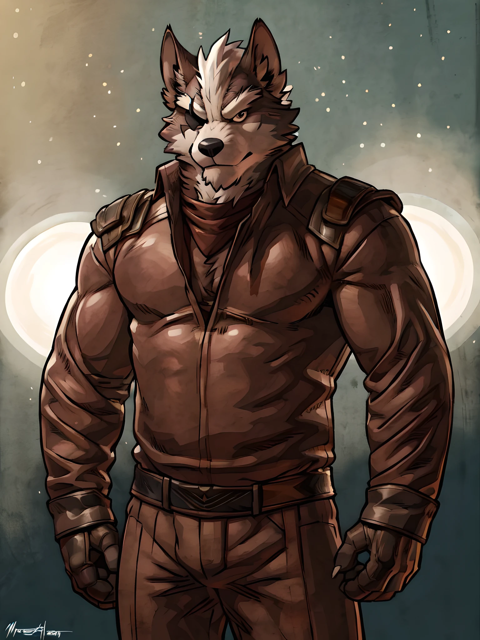 wolf o'donnell, 4k, high resolution, best quality, detailed, posted on e621, solo, anthro body, older male, masculine, male, very masculine, (very muscular, heavyweight:1.2), (plain background:1.1), (correct anatomy):1, (detailed eyes:1.1), sexy, (cel shaded:1.2), cartoony shading, (strong shadows, dramatic lighting:1.2), confident, (by wfa, by takemoto arashi, by meesh, by Taran Fiddler), strong, (half body, upper body:1.1),