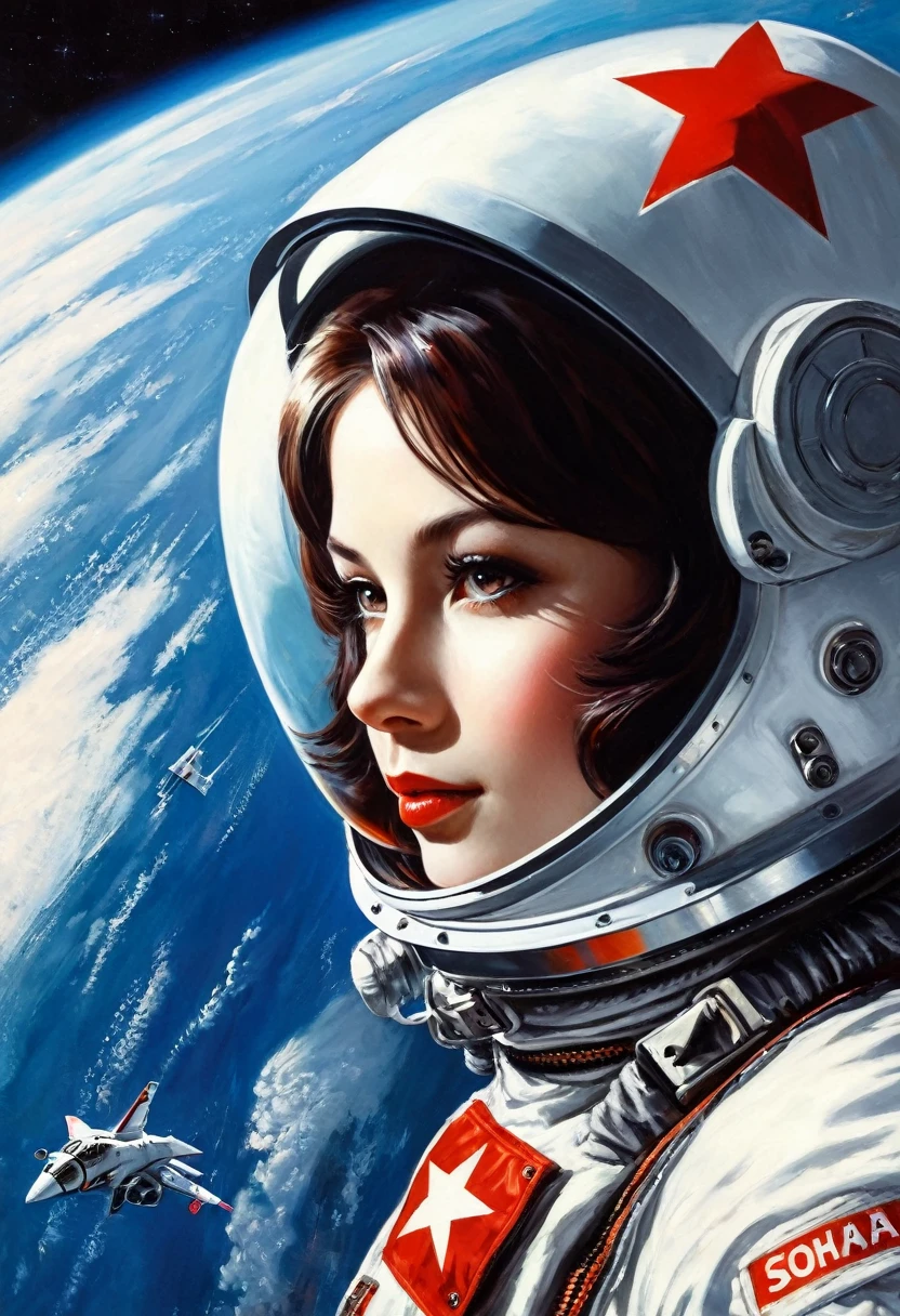 1girl,flat_breasts,cute,beautiful detailed eyes,shiny hair,visible through hair,hairs between eyes, CCCPposter, sovietposter,red monochrome,soviet poster, soviet,communism,
Black_hair,red_eyes,vampire,teenage,poorbreast,Spacesuit:Orange_clothing_body:jumpsuit),white_gloves, white_space shoes, white_helmet, the CCCP red letters on the top of helmet, weightlessness, Side light, reflection, The person in the spacesuit is at the bottom left of the frame, The right hand is outstretched, the right hand gently touches the Salyut space station), Space station in the upper right corner of the screen, Reflected light from the sun, Silver metal,red flag, brilliance,USSR style, diffuse reflection, Metallic texture, The vista is a blue Earth,mecha style,the sea of star,high tone, magnificent