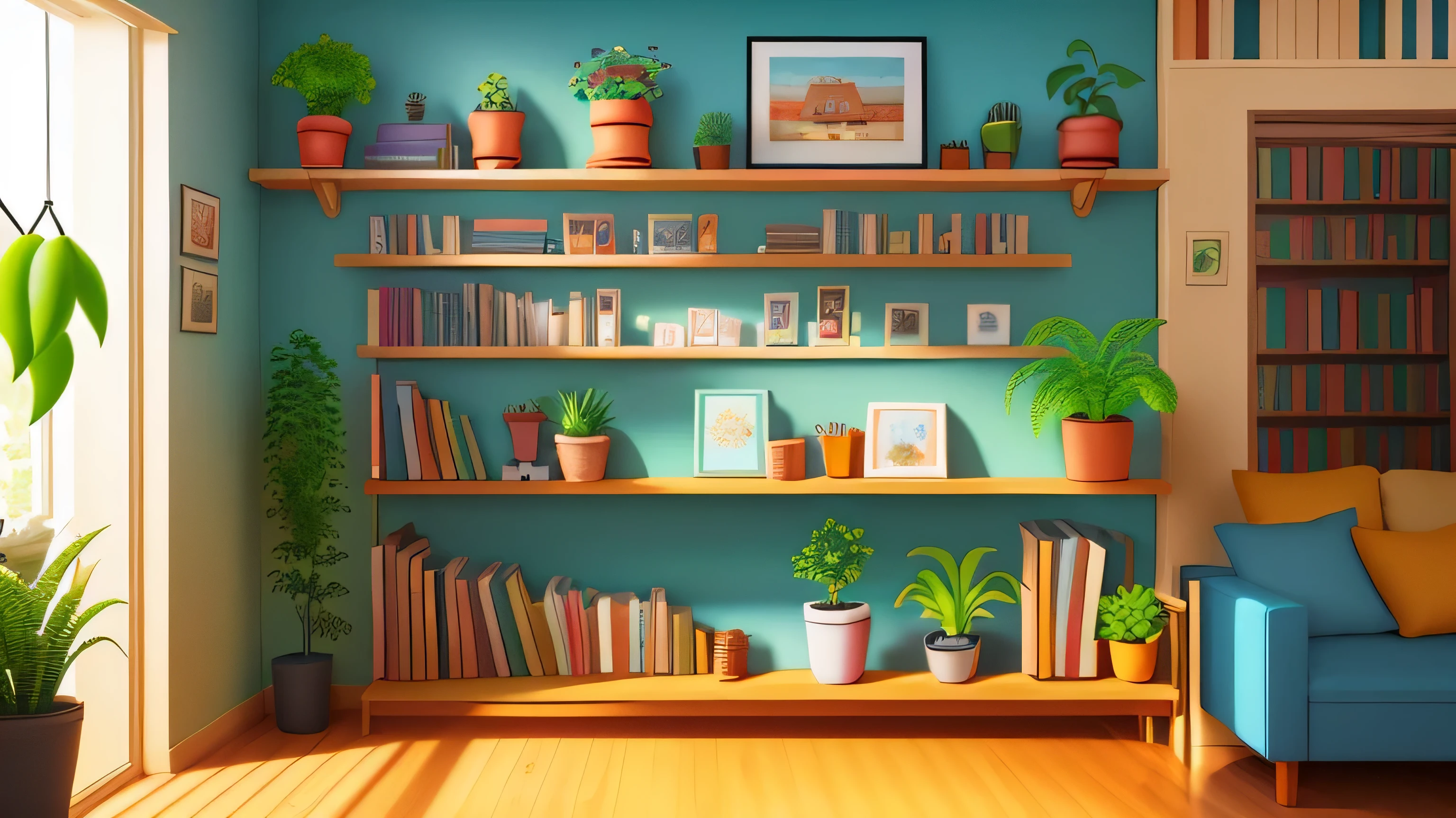 Background, drawing, in this cartoon-style living room, (((a very small shelf hanging on the wall contains books and plants))), the right side has two plants and the left side is books, a warm and bright atmosphere, the vibrant colors and abundant brightness give a welcoming and lively atmosphere to the room, scene Conceptual artwork animation, Studio Ghibli style