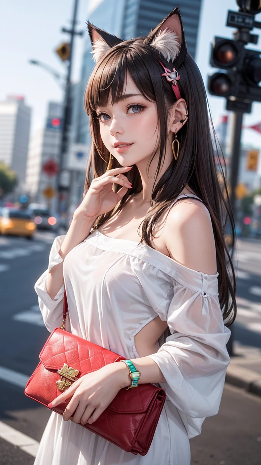 最high quality, 8K, masterpiece: 1.3, Ultra HD, high quality, 最high quality, High resolution, realism)) 、25 year old white woman、brunette、blue eyes、long hair、smile、slender、slenderだがアスリートのような細マッチョ、I don't want my head to disappear from the screen.、Wear accessories on your wrist、Wearing red nail polish、I have a peticure、smile((smiley))、background blur((depth of field)、Wear a sheer, off-the-shoulder bodycon top、wear sandals、have a clutch bag、Skyscraper background、Waiting for a traffic light at an intersection、crystal earrings((crystal earrings))、inner color((colored inner hair))、long hair ((long hair))、dark blonde、Bangs at the parting((parted bangs))、Cat ear headphones((cat ear headphones))