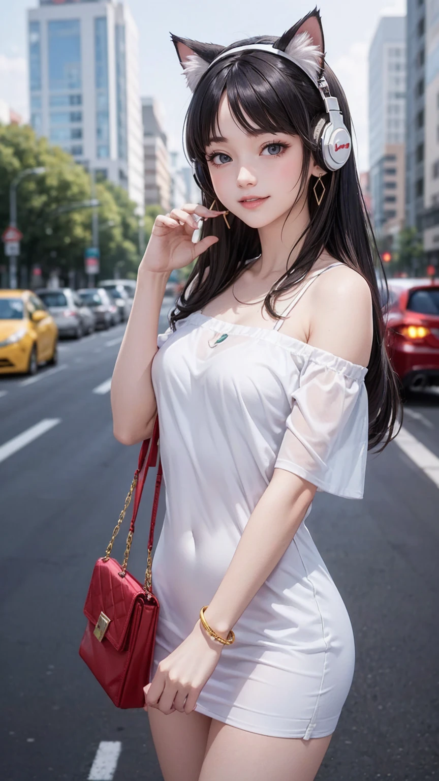 最high quality, 8K, masterpiece: 1.3, Ultra HD, high quality, 最high quality, High resolution, realism)) 、25 year old white woman、brunette、blue eyes、long hair、smile、slender、slenderだがアスリートのような細マッチョ、I don't want my head to disappear from the screen.、Wear accessories on your wrist、Wearing red nail polish、I have a peticure、smile((smiley))、background blur((depth of field)、Wear a sheer, off-the-shoulder bodycon top、wear sandals、have a clutch bag、Skyscraper background、Waiting for a traffic light at an intersection、crystal earrings((crystal earrings))、inner color((colored inner hair))、long hair ((long hair))、dark blonde、Bangs at the parting((parted bangs))、Cat ear headphones((cat ear headphones))