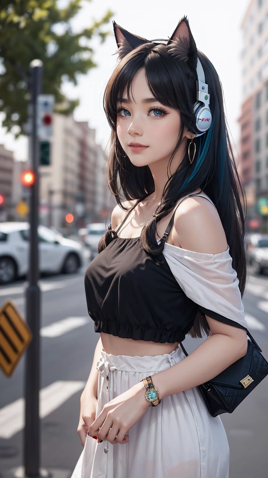 最high quality, 8K, masterpiece: 1.3, Ultra HD, high quality, 最high quality, High resolution, realism)) 、25 year old white woman、brunette、blue eyes、long hair、smile、slender、slenderだがアスリートのような細マッチョ、I don't want my head to disappear from the screen.、Wear accessories on your wrist、Wearing red nail polish、I have a peticure、smile((smiley))、background blur((depth of field)、Wear a sheer, off-the-shoulder bodycon top、wear sandals、have a clutch bag、Skyscraper background、Waiting for a traffic light at an intersection、crystal earrings((crystal earrings))、inner color((colored inner hair))、long hair ((long hair))、dark blonde、Bangs at the parting((parted bangs))、Cat ear headphones((cat ear headphones))