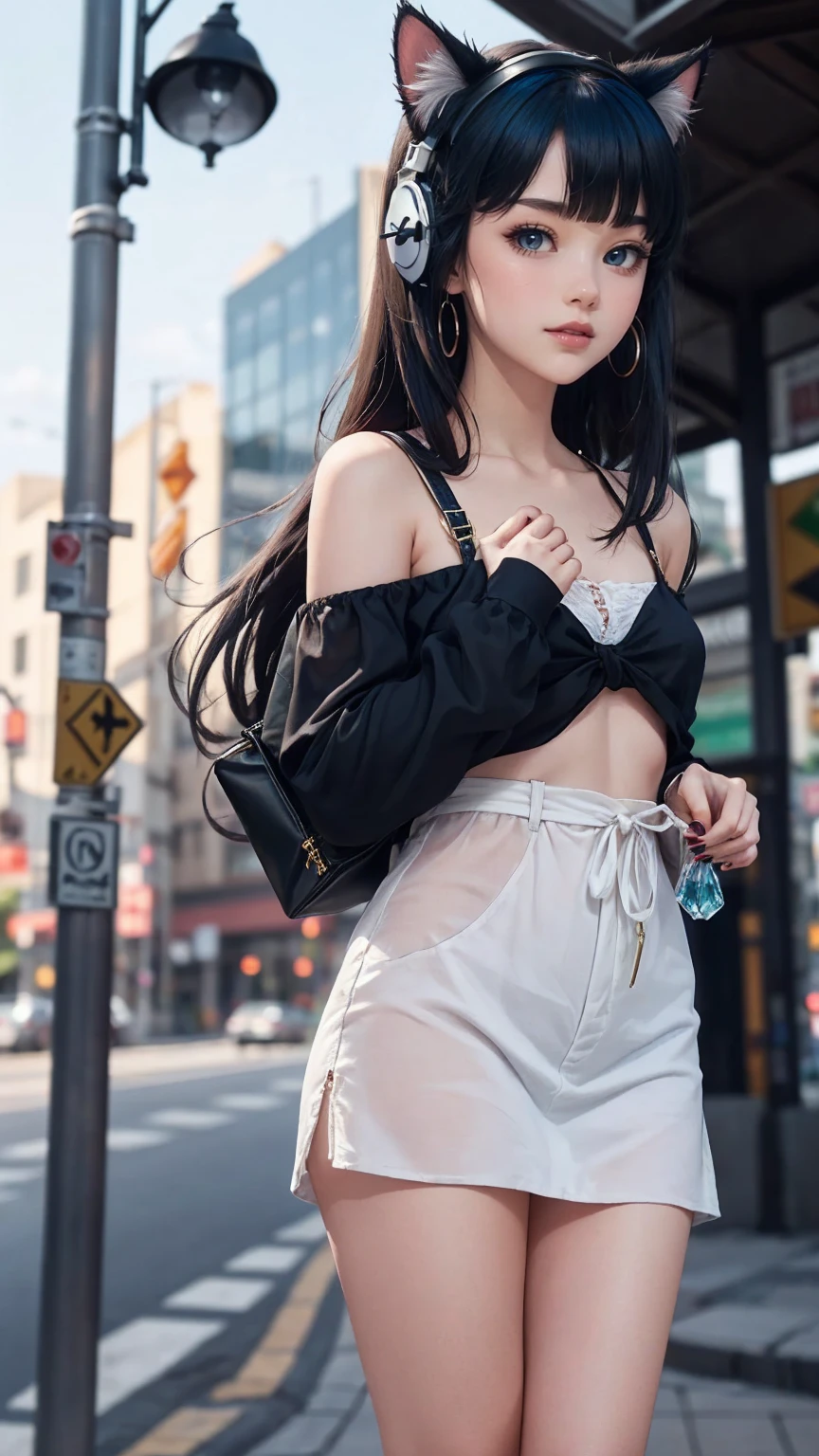 最high quality, 8K, masterpiece: 1.3, Ultra HD, high quality, 最high quality, High resolution, realism)) 、25 year old white woman、brunette、blue eyes、long hair、smile、slender、slenderだがアスリートのような細マッチョ、I don't want my head to disappear from the screen.、Wear accessories on your wrist、Wearing red nail polish、I have a peticure、smile((smiley))、background blur((depth of field)、Wear a sheer, off-the-shoulder bodycon top、wear sandals、have a clutch bag、Skyscraper background、Waiting for a traffic light at an intersection、crystal earrings((crystal earrings))、inner color((colored inner hair))、long hair ((long hair))、dark blonde、Bangs at the parting((parted bangs))、Cat ear headphones((cat ear headphones))