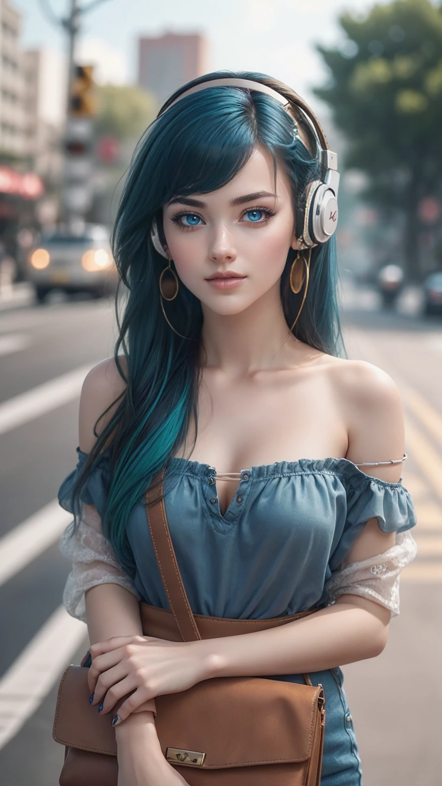 最high quality, 8K, masterpiece: 1.3, Ultra HD, high quality, 最high quality, High resolution, realism)) 、25 year old white woman、brunette、blue eyes、long hair、smile、slender、slenderだがアスリートのような細マッチョ、I don't want my head to disappear from the screen.、Wear accessories on your wrist、Wearing red nail polish、I have a peticure、smile((smiley))、background blur((depth of field)、Wear a sheer, off-the-shoulder bodycon top、wear sandals、have a clutch bag、Skyscraper background、Waiting for a traffic light at an intersection、crystal earrings((crystal earrings))、inner color((colored inner hair))、long hair ((long hair))、dark blonde、Bangs at the parting((parted bangs))、Cat ear headphones((cat ear headphones))