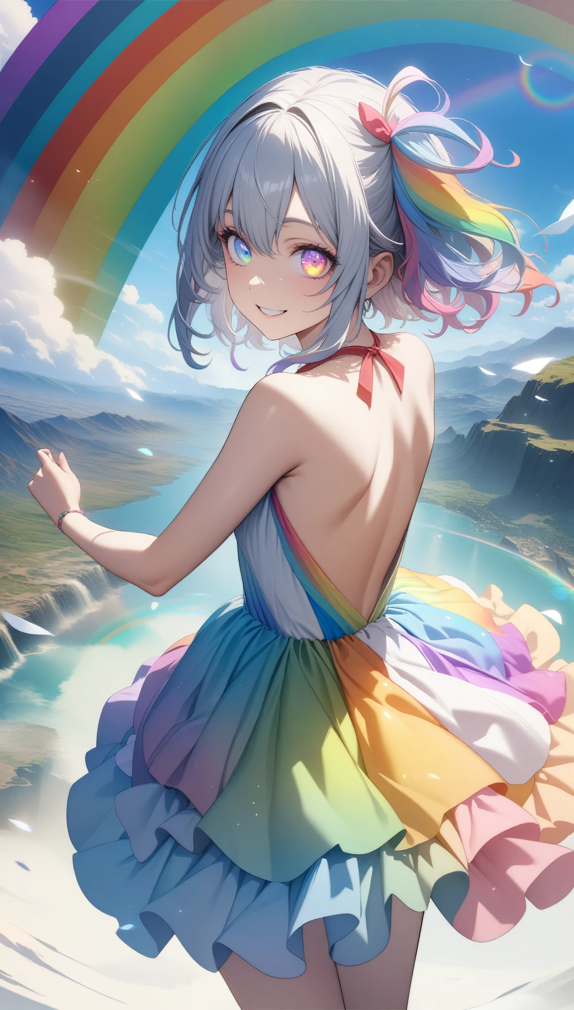 32k, best quality, ultra high res, HDR, UHD, extremely detailed CG, unity 32k wallpaper, (((🌈))), (((masterpiece))), (((best quality))), (((ultra-detailed))), (((illustration))), (((an extremely delicate and beautiful))), (((beautiful eyes))), (((back))), (((circle rainbow))), girl, (((rainbow dress))), (((happy smile))), (((rainbow hair))), (((rainbow eyes))), 