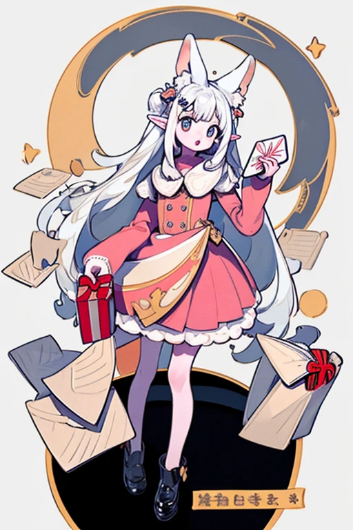 masterpiece, Best quality, extremely detailed, detailed background, detailed face, split bangs, 1 girl, One, long hair, White background, dress, letter, whole body, very long hair, simple background, envelope, a gift, hair, hair a gift, I look at the viewer, pointed ears, standing, holding letter, hair ornament, long sleeves, pink dress, black shoes, green a gift, White hair, animal ears, It has, Brown eyes, love letter, holding envelope