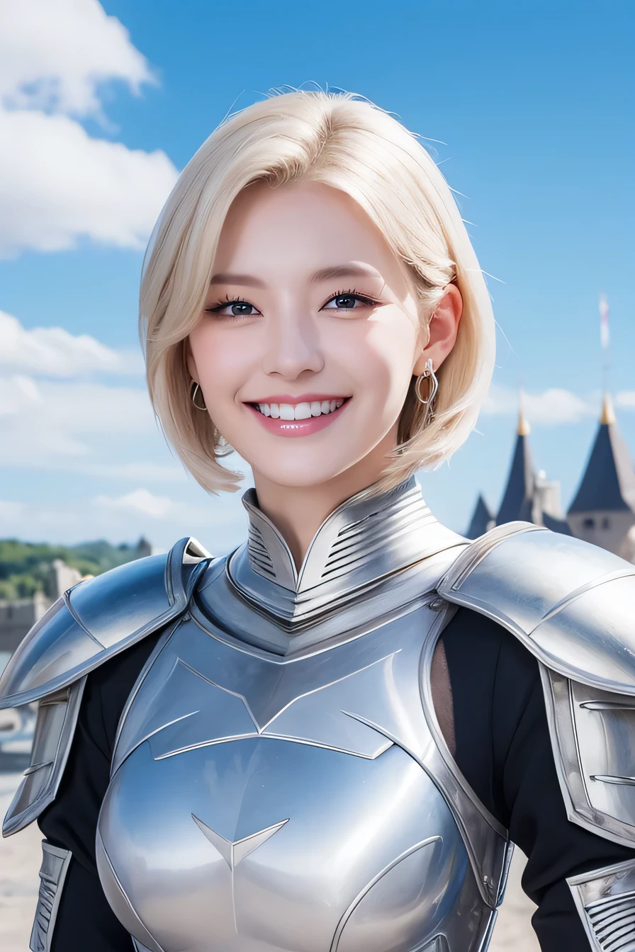 highest quality、female knight、The background is a castle、Luxurious Silver Armor、heavy equipment、hairstyle short cut、smile、beautiful teeth、full body photo、ear piercing、white woman、blonde hair、blue eyes、Gummy Smile、The background is a cloudy sky、heavy makeup、mouth half open