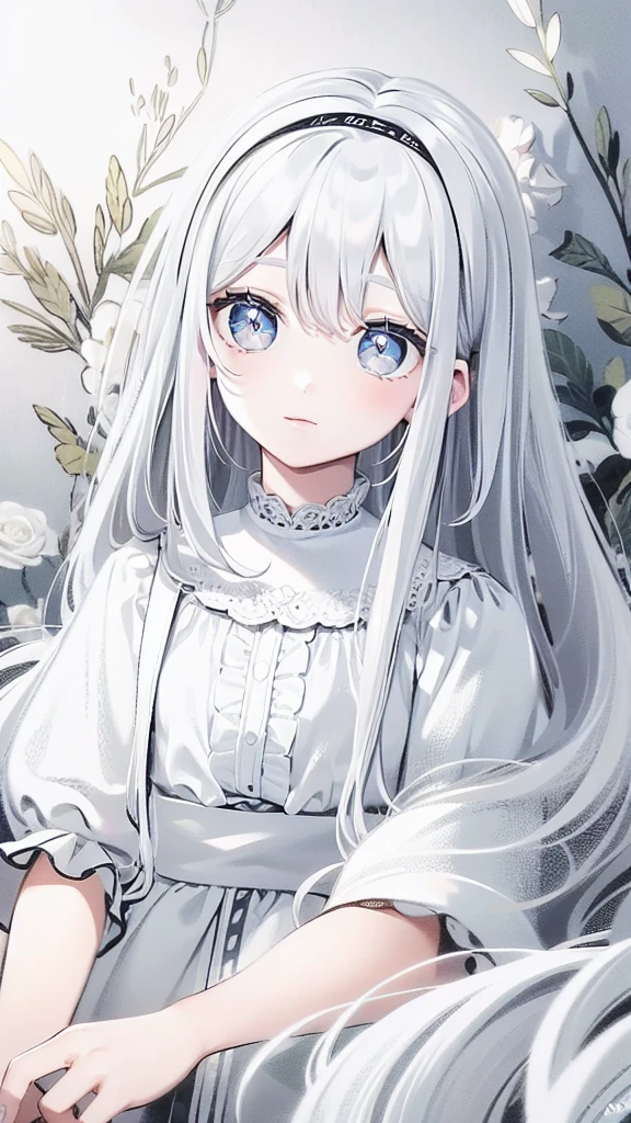 ((masterpiece, best quality))++, Detail lights+, detail hair+, Detail hand+ ,1 girl, long gray hair, dark blue eyes, beautiful eyes, Young gray hair,,(beautiful white hair:1.5),(beautiful eyes), high resolution+, , Glass tones, Reflective eyeanyery detail wallpaper, The original, ,Headband ,Nature,Beautiful aurora,single ponytail,