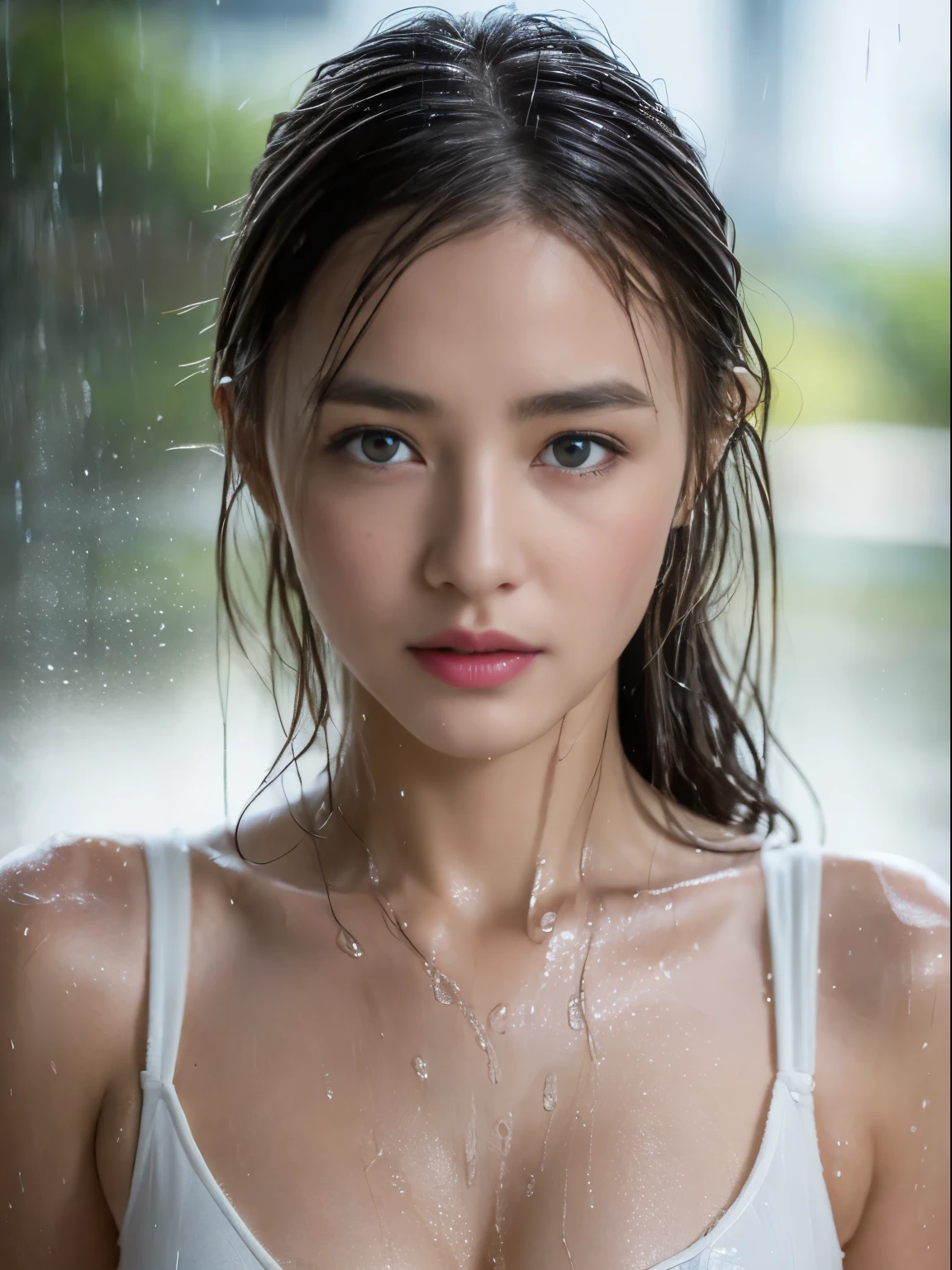 (Top quality, 4k, Masterpiece:1.3), Pretty woman, 1 woman, (breasts, attractive body:1.2), abs:1.1, dark brown hair: 1.1, (rainy wet, rain-wet, wet torso: 1.2), very fine face, delicate lips, delicate eyes, double eyelids, sparkling eyes, sparkling lips, blue eyes,