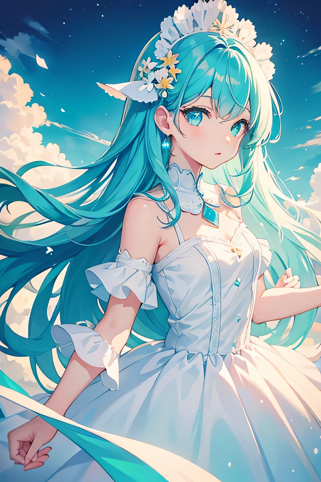 Anime Girl,light blue hair,blue eyes,White裙子,White,Flower headdress,Standing in the flower field,Smile,Starry sky background,Popular topics on artstation pixiv, Digital Art on pixiv, anime art wallpaper 8 k, guweiz on pixiv artstation, Anime Art Wallpaper 4k, Anime Art Wallpaper 4K, Top rated on Pixiv, Beautiful anime artwork, Pixiv competition winner,(Multi-angle)(Grin)
