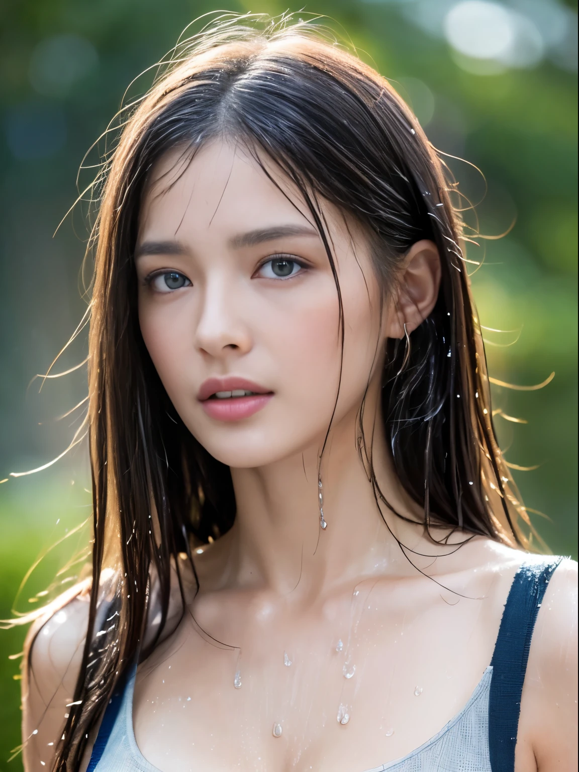 (Top quality, 4k, Masterpiece:1.3), Pretty woman, 1 woman, (breasts, attractive body:1.2), abs:1.1, dark brown hair: 1.1, (rainy wet, rain-wet, wet torso: 1.2), very fine face, delicate lips, delicate eyes, double eyelids, sparkling eyes, sparkling lips, blue eyes,