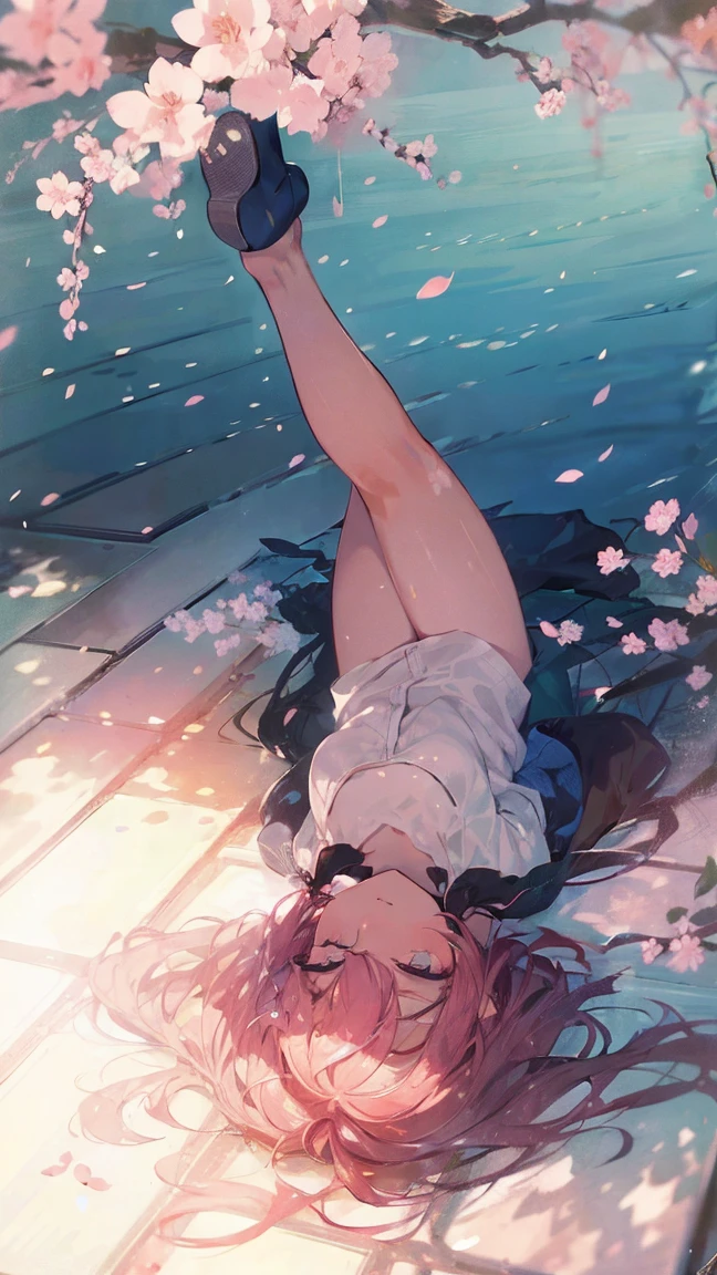 Product illustration of a girl in the rain,cherry blossoms,fair skin,Skin bright,clear,posing