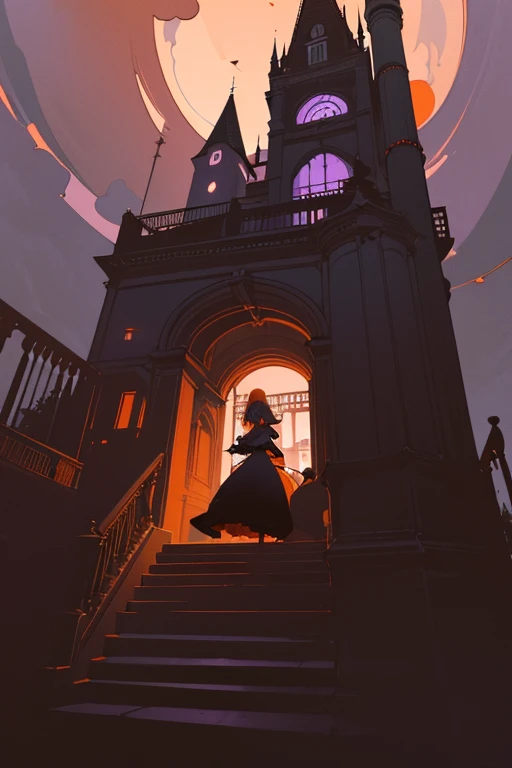 (nsfv) Ghost Girl Climbing Victorian Stairs (Victorian house) ((Haunted Manor)) ((ghostly ambient)) (Foyer) wide view, Girl climbing the stairs, Tim Burton inspired, (((violet, orange, brown, red, dark gray palette))) (((twilight light)))