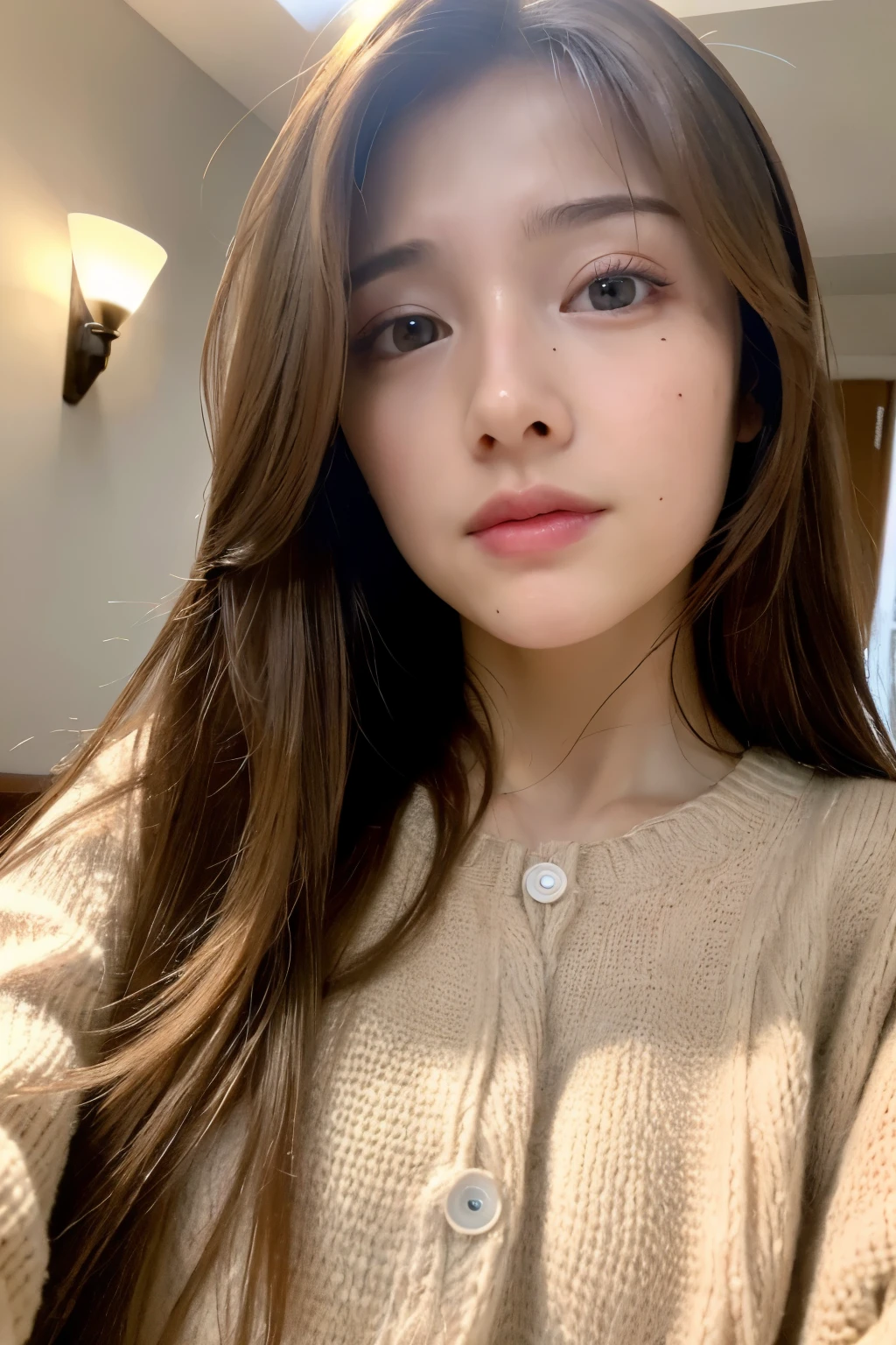 (8K, highest quality, masterpiece, ultra high resolution, highly detailed face:1.3), portrait, (20 year old girl:1.3), beautiful, cute, brown hair,long hair, Clothes, From before, (Are crying),inside the room,selfie