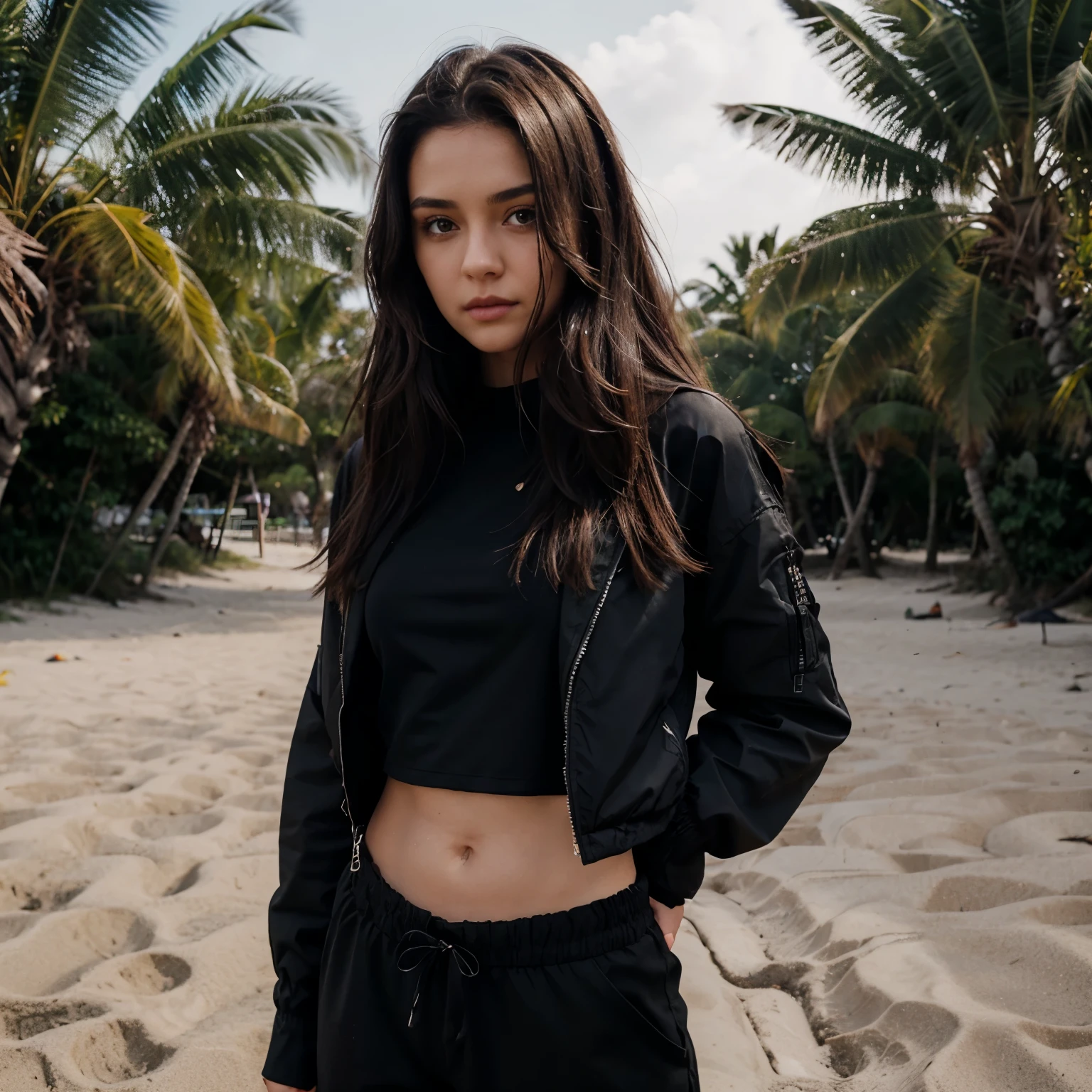 A girl in black croptop and blackloose pants wearing a black jacket with opened black hair with strands of brown hair in beach