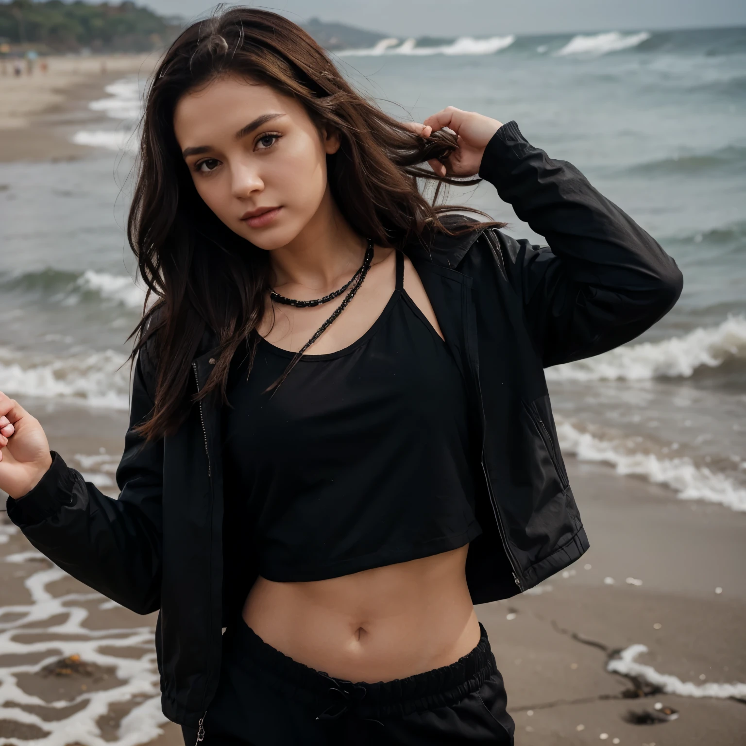 A girl in black croptop and blackloose pants wearing a black jacket with opened black hair with strands of brown hair in beach