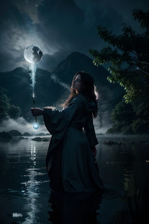 An alluring sorceress stands amidst swirling mists at the edge of a moonlit lake, her robes billowing around her like ethereal clouds, while holding a glowing orb in one hand and her mesmerizing gaze drawing the viewer into a realm of enchantment.