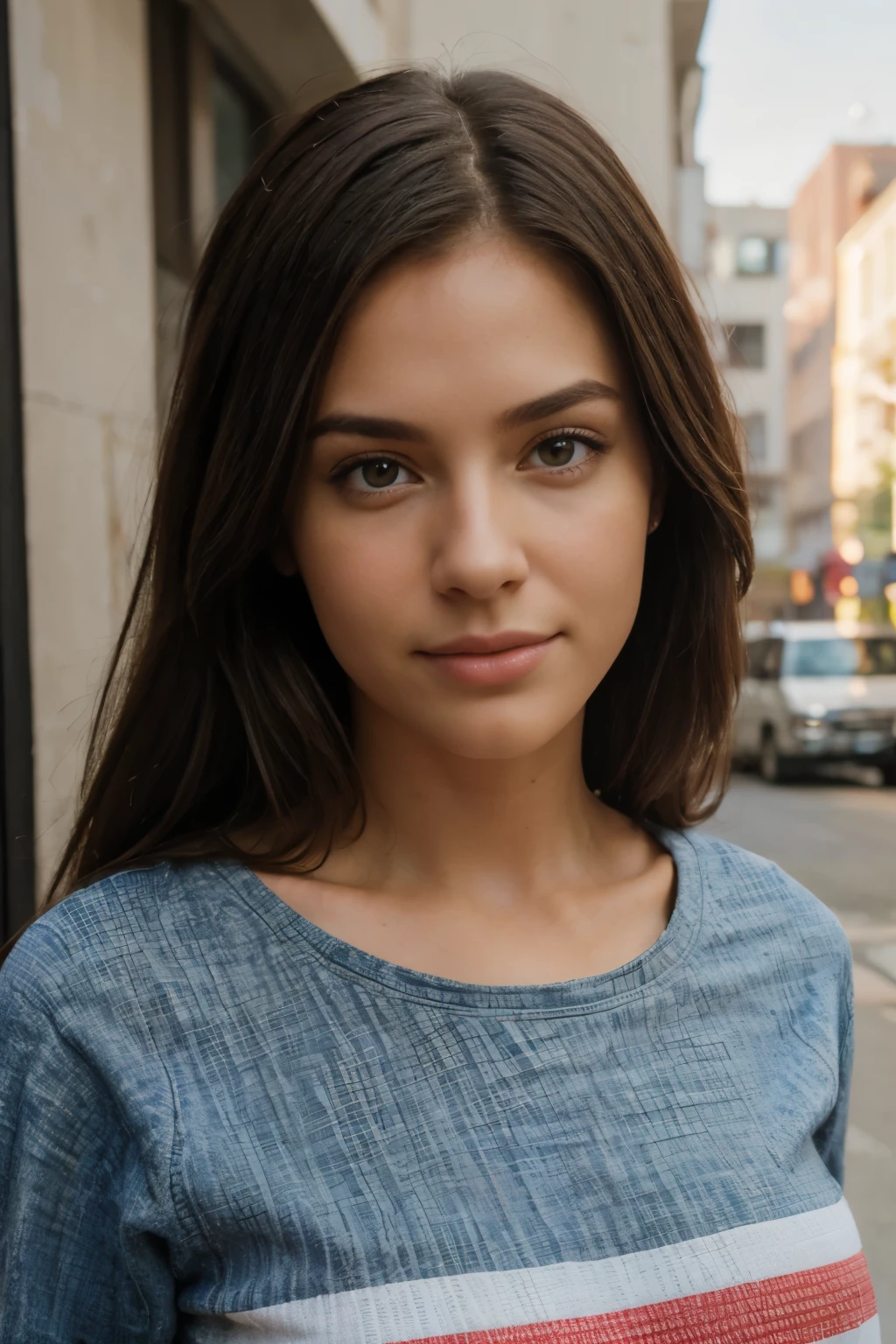 (highest quality: 1.2), ultra-detailed, Euro-American woman, young, realistic, modern setting, face looking straight at the camera, full face, close to the lens, casual wear, natural light, urban environment, bright colors
