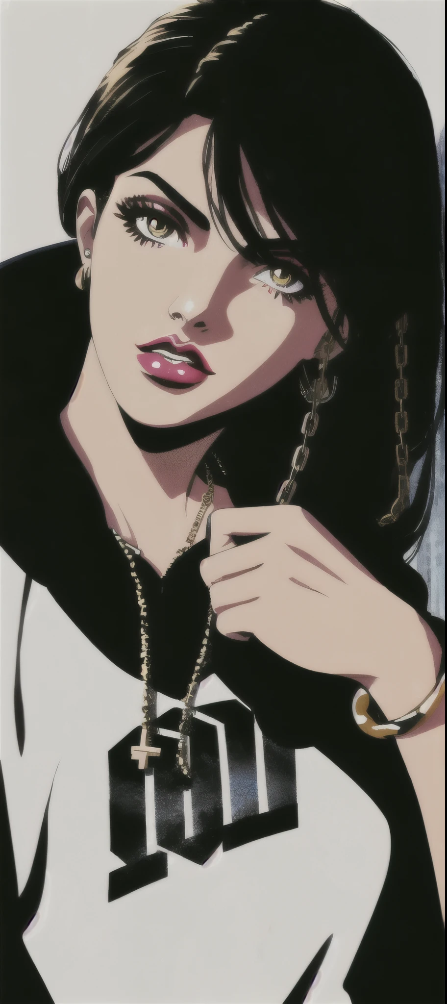 90s style tall thug gangsta, female, with gun, saggy creased baggy stylish hip hop hoodie intimidating eyes, glossy lips, detailed facial features, dark contrast graffitied urban background, long chain necklace, multiple gold bracelets, tattoos, street swagger, confident pose, dark shadows, high contrast, urban fashion style, realistic street art, bold brush strokes, dynamic composition, highres, masterpiece:1.2, ultra-detailed, , HDR, studio lighting