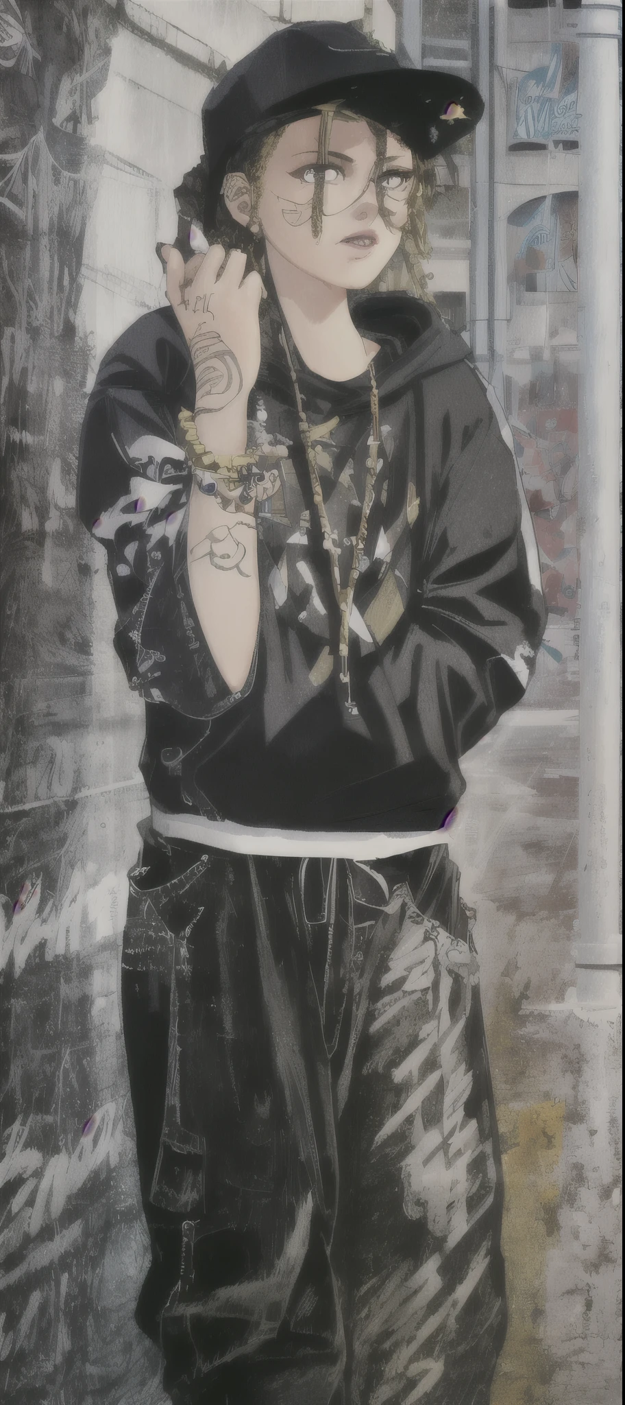 90s style tall thug gangsta, female, with gun, saggy creased baggy stylish hip hop hoodie intimidating eyes, glossy lips, detailed facial features, dark contrast graffitied urban background, long chain necklace, multiple gold bracelets, tattoos, street swagger, confident pose, dark shadows, high contrast, urban fashion style, realistic street art, bold brush strokes, dynamic composition, highres, masterpiece:1.2, ultra-detailed, , HDR, studio lighting