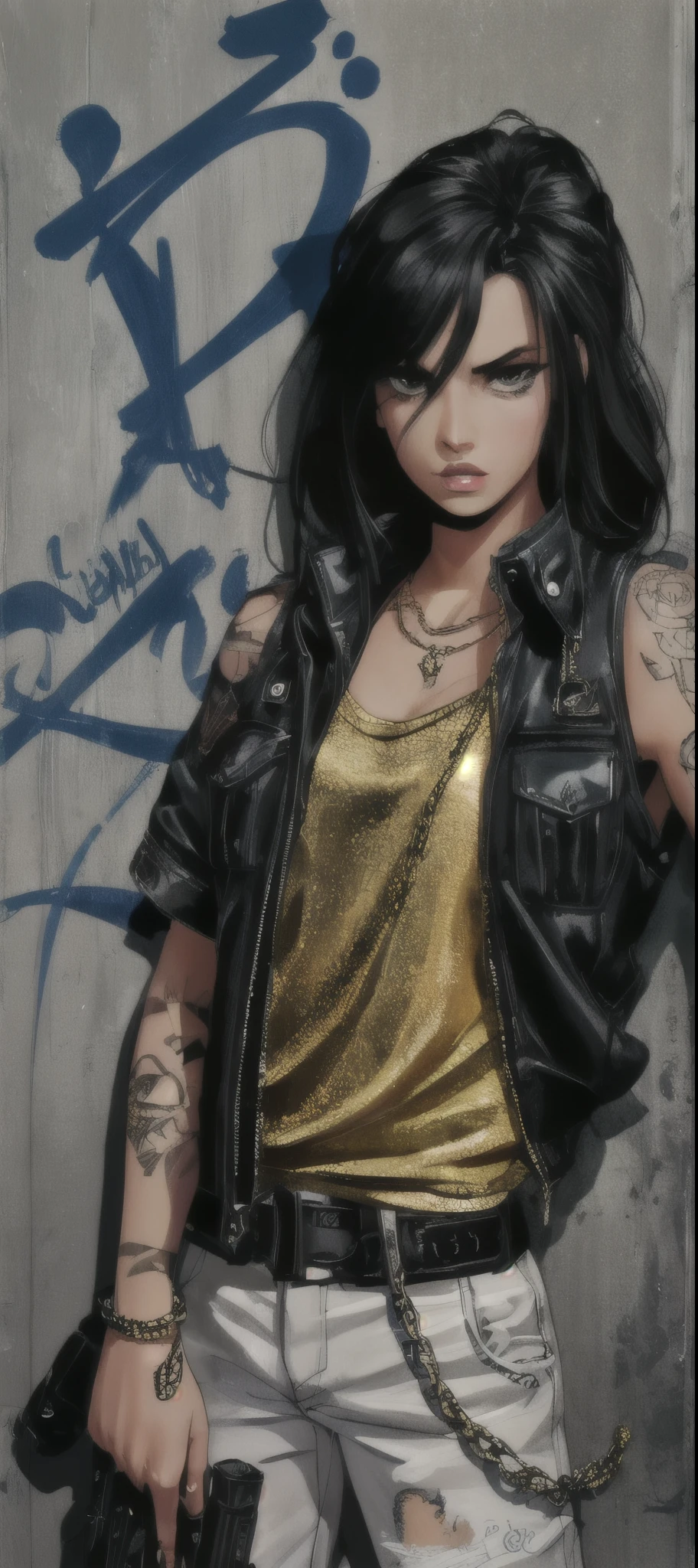 90s style tall thug gangsta, female, with gun, saggy creased baggy stylish hip hop clothing, intimidating eyes, glossy lips, detailed facial features, dark contrast graffitied urban background, long chain necklace, multiple gold bracelets, tattoos, street swagger, confident pose, dark shadows, high contrast, urban fashion style, realistic street art, bold brush strokes, dynamic composition, highres, masterpiece:1.2, ultra-detailed, , HDR, studio lighting