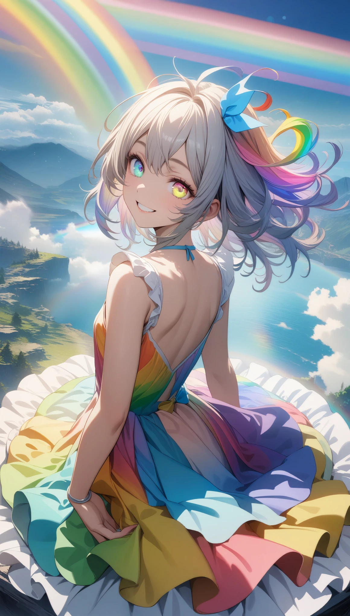 32k, best quality, ultra high res, HDR, UHD, extremely detailed CG, unity 32k wallpaper, (((🌈))), (((masterpiece))), (((best quality))), (((ultra-detailed))), (((illustration))), (((an extremely delicate and beautiful))), (((beautiful eyes))), (((back))), (((circle rainbow))), girl, (((rainbow dress))), (((happy smile))), (((rainbow hair))), (((rainbow eyes))),