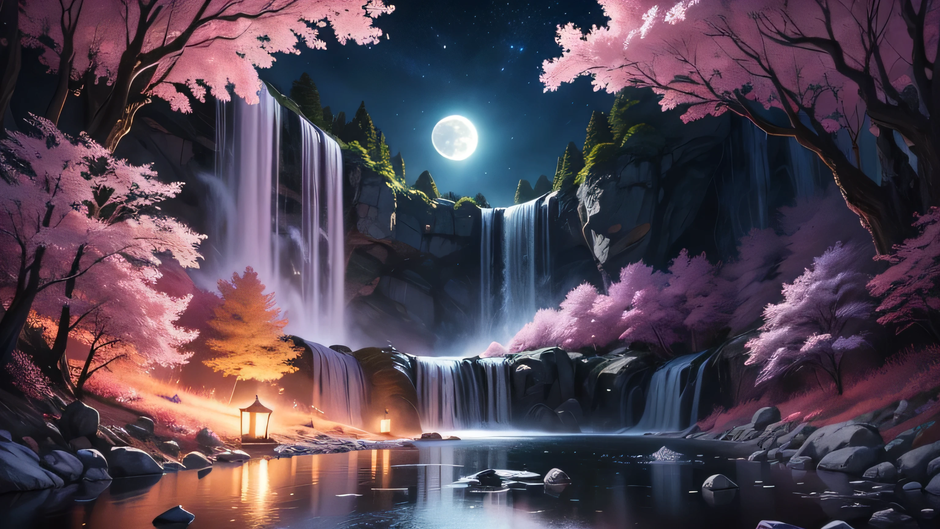 cherry blossom, waterfall at night, super moon, une peinture d&#39;a waterfall with a full moon in the background, art de fondwork, bel art uhd 4k, High quality 8K detailed art, Works of&#39;stunning art in 8K, Detailed 4K digital art, detailed painting 4 k, art de fond, fantaisie d&#39;digital art, photo d&#39;digital art, Highly detailed 4K digital art, stunning art style, style artistique fantastique, bel digital art