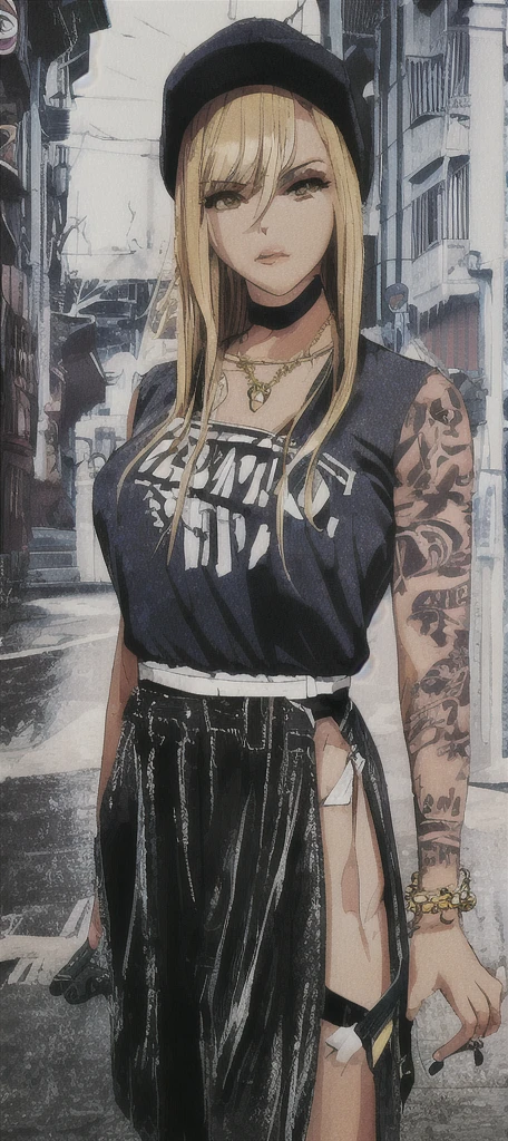 90s style  tall thug gangsta, female, with gun, saggy creased baggy stylish hip hop clothing, intimidating eyes, glossy lips, detailed facial features, dark contrast, dark, gritty atmosphere graffitied urban ghetto background, long chain necklace, multiple gold bracelets, tattoos, street swagger, confident pose, dark shadows, high contrast, urban fashion style,, bold brush strokes, dynamic composition,  highres, masterpiece:1.2, ultra-detailed, , HDR, studio lighting