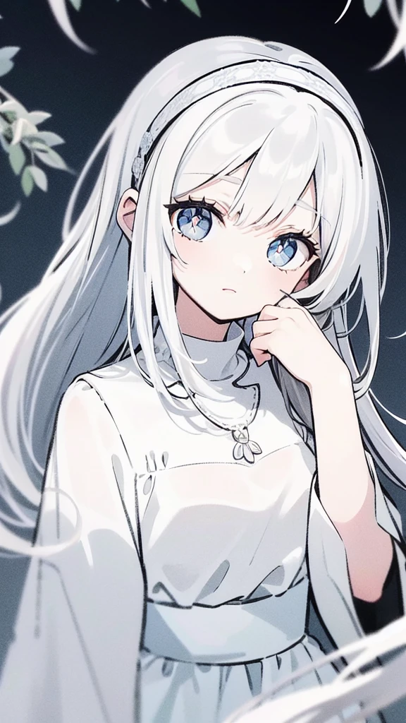 ((masterpiece, best quality))++, Detail lights+, detail hair+, Detail hand+ ,1 girl, long gray hair, dark blue eyes, beautiful eyes, Young gray hair,,(beautiful white hair:1.5),(beautiful eyes), high resolution+, , Glass tones, Reflective eyeanyery detail wallpaper, The original, ,Headband ,Nature,Beautiful aurora,single ponytail,