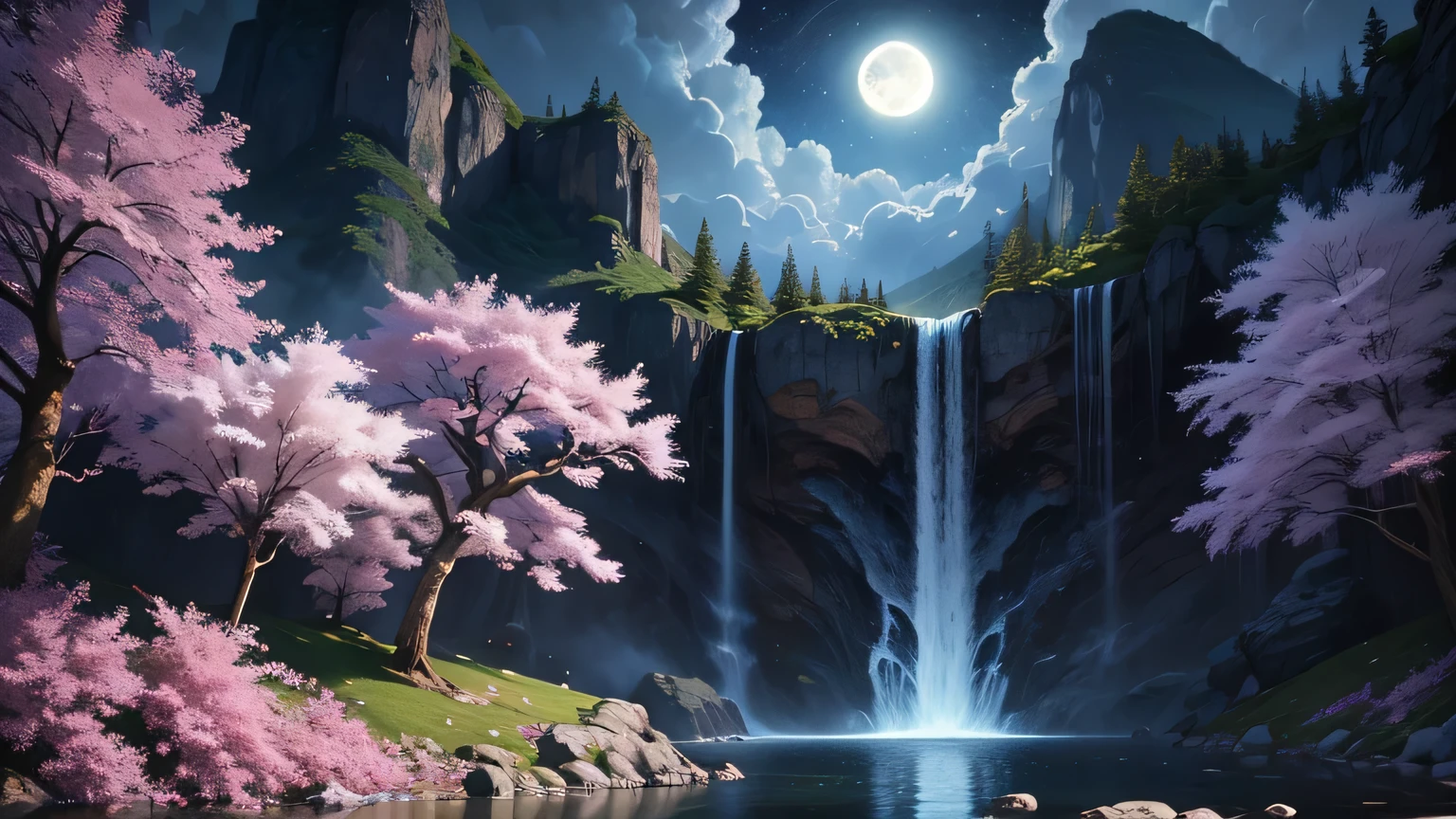 cherry blossom, waterfall at night, super moon, une peinture d'a waterfall with a full moon in the background, art de fondwork, bel art uhd 4k, High quality 8K detailed art, Works of'stunning art in 8K, Detailed 4K digital art, detailed painting 4 k, art de fond, fantaisie d'digital art, photo d'digital art, Highly detailed 4K digital art, stunning art style, style artistique fantastique, bel digital art