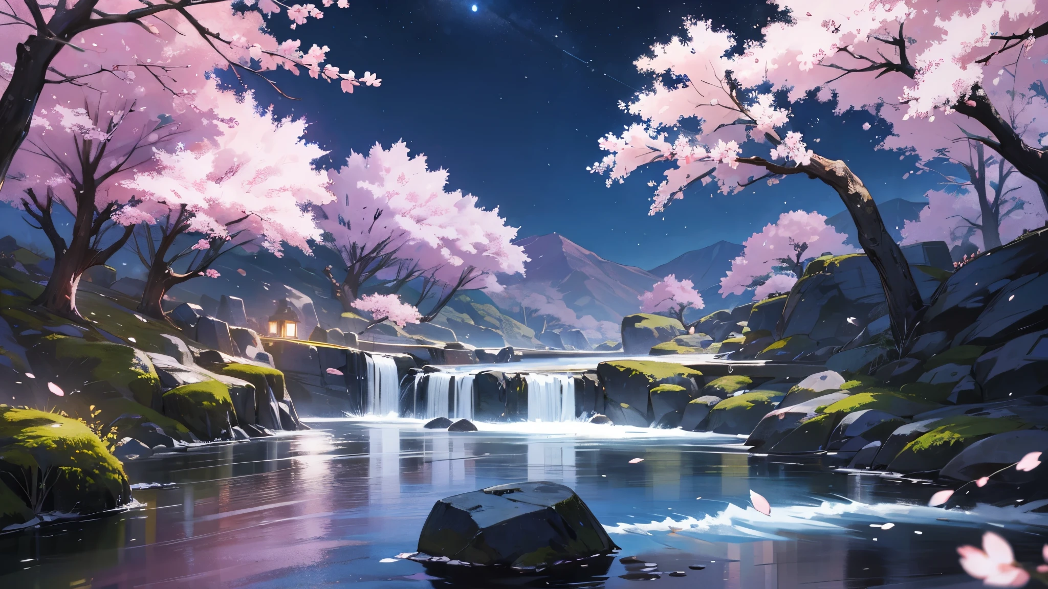 Fall,低矮的Fall,Natural landscape,night,night view,moonlight,cool color,rocks,water flow,Cherry blossoms,Cherry blossoms落在水面上