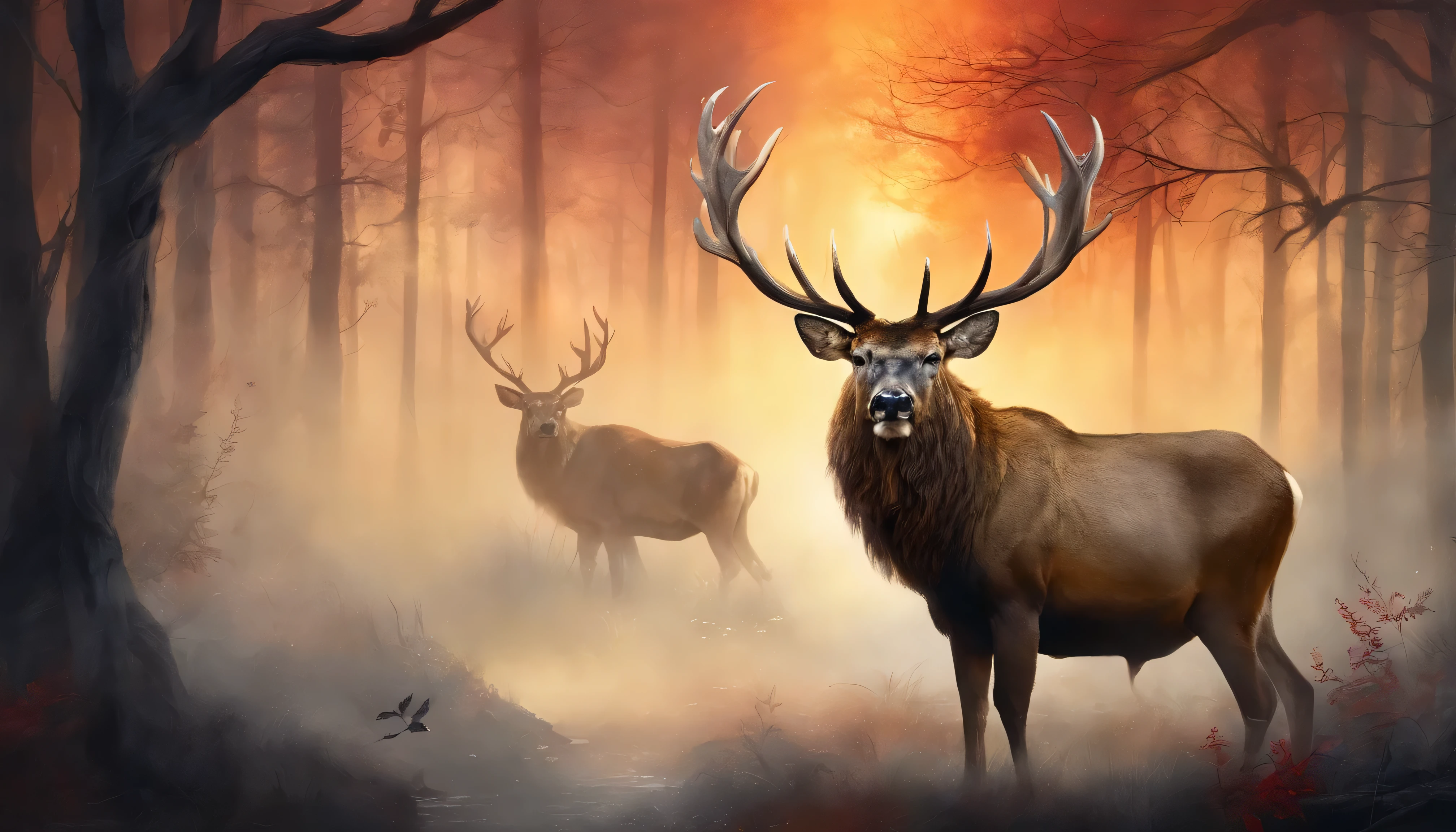 "((masterpiece)) red deer in the ((foggy)) ,((magical dark forest :1.2))at late dusk time, with ((strong dark shadows recommended for scene:1.2)), a glowing magical lion,golden glowing flowers ,((glowing butterfly )), beautiful magical style, golden water reflection,fierce, concept art, digital painting."