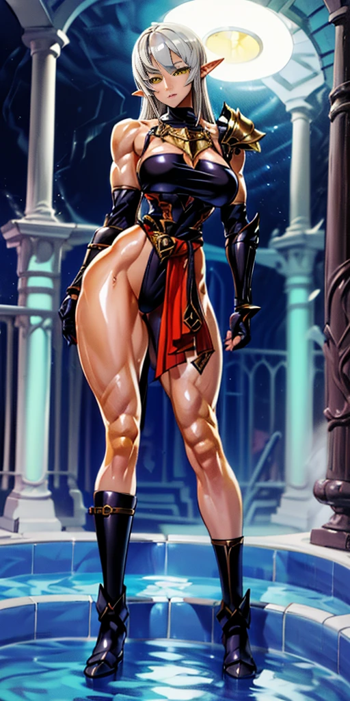 masterpiece, best quality, high quality, 1solo dark black SKIN elf, long hair, white hair, yellow eyes, full body, breastplate, looking at viewer, shiny, armor, thigh highs, high boots, shoulder armor, faulds, poleyn, gloves, gauntlets, (((1 girl))), medium to large breasts, a beautiful and cute lady, standing, (((in the pool at night))), (big muscular ass), {{{wearing armor }}} (thin waist), (incredibly beautiful full body photo, standing, (((bright eyes))), good anatomy, perfect hand muscular legs))), thin waist, muscular abdomen, wearing black high heel shoes, (((with her back to me showing her big shapely ass to me))), grabbing own ass