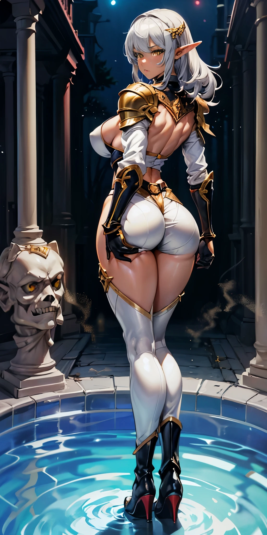 masterpiece, best quality, high quality, 1solo dark black SKIN elf, long hair, white hair, yellow eyes, full body, breastplate, looking at viewer, shiny, armor, thigh highs, high boots, shoulder armor, faulds, poleyn, gloves, gauntlets, (((1 girl))), medium to large breasts, a beautiful and cute lady, standing, (((in the pool at night))), (big muscular ass), {{{wearing armor }}} (thin waist), (incredibly beautiful full body photo, standing, (((bright eyes))), good anatomy, perfect hand muscular legs))), thin waist, muscular abdomen, wearing black high heel shoes, (((with her back to me showing her big shapely ass to me))), grabbing own ass