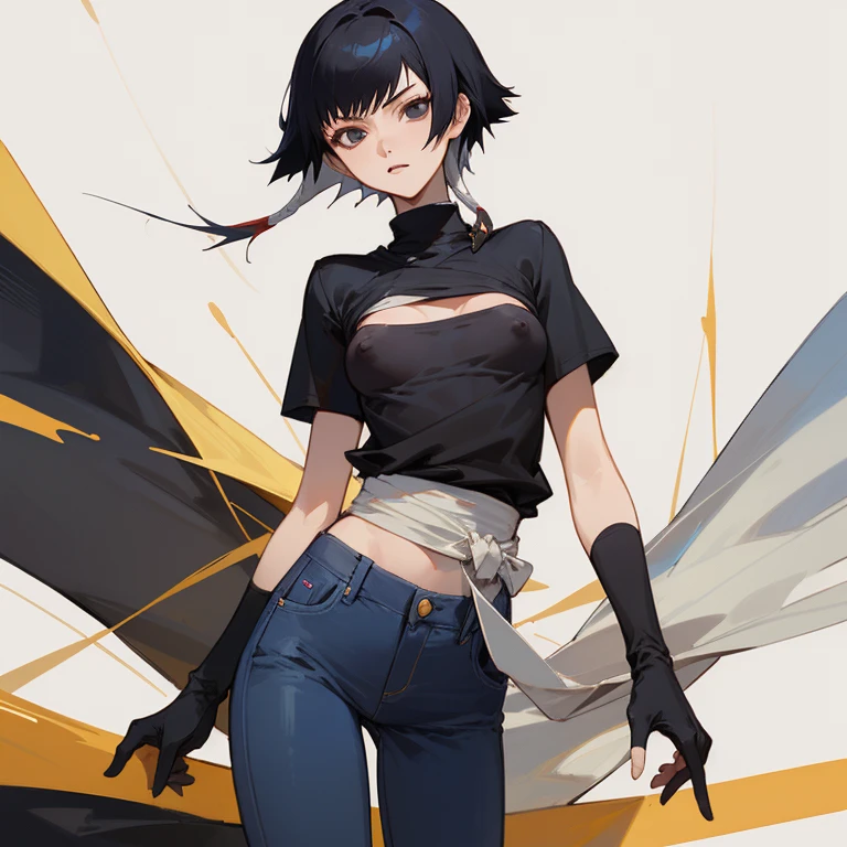 ((highest quality)), ((masterpiece)), (be familiar with),  BLEACH,Soi Fon, 1 girl, alone,  erect nipples, black hair,slanted eyes, Black clothes,black shirt,jeans, Slender,slender,short hair with long locks, short hair, small breasts, gloves, put your hand on your waist