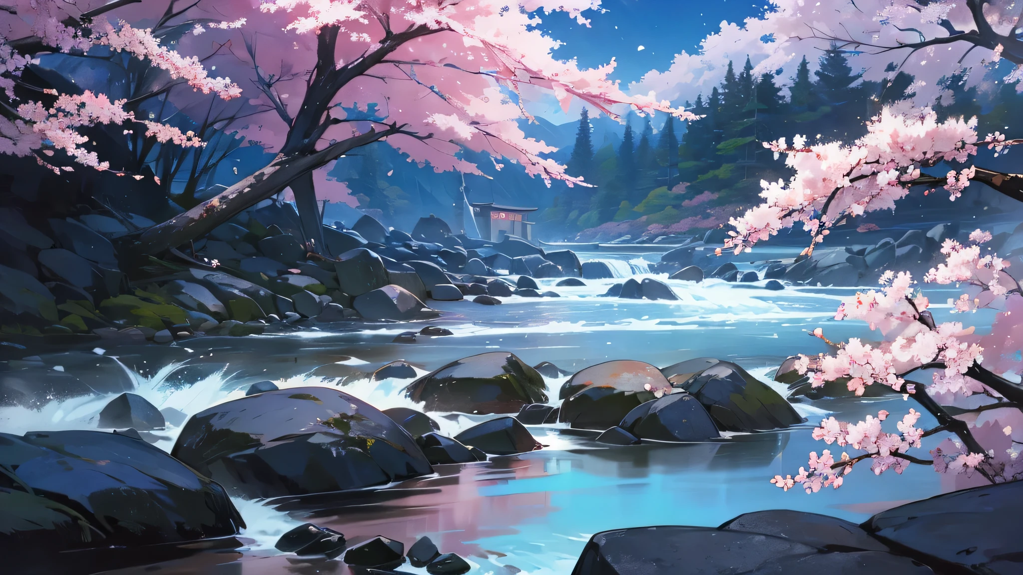 Fall，Low Fall，Natural landscape，night，night view，moonlight，cool color，rocks，water flow，Cherry blossoms，Cherry blossoms falling on water