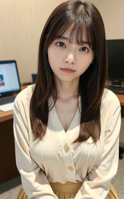 table top, highest quality, 16k, 1 girl, 16, big breasts, Raw photo, professional photography, portrait, late night office、sitting in front of the computer、soft light, professional lighting, alone, 笑face, close, face, close, cute, girly, goddess, delicate girl, pure beauty, Digital single-lens reflex camera, avert your eyes, Frank, Sophisticated, film grain, (目とfaceの詳細:1.0), long hair swaying in the wind, bangs, (tight white blouse、Beige loose cardigan)、(navy pleated skirt)、(big breasts:1.5)、cleavage、cute hanging eyes、