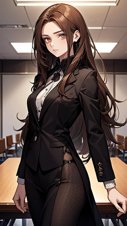 (highest quality,High resolution,Super detailed),1 girl, detailed and beautiful eyes, brown hair, Straight long hair tied back, wearing a black suit, mature woman, 25 years old, calm and calm, slender body shape, pale complexion, thin, calm, in the conference room.