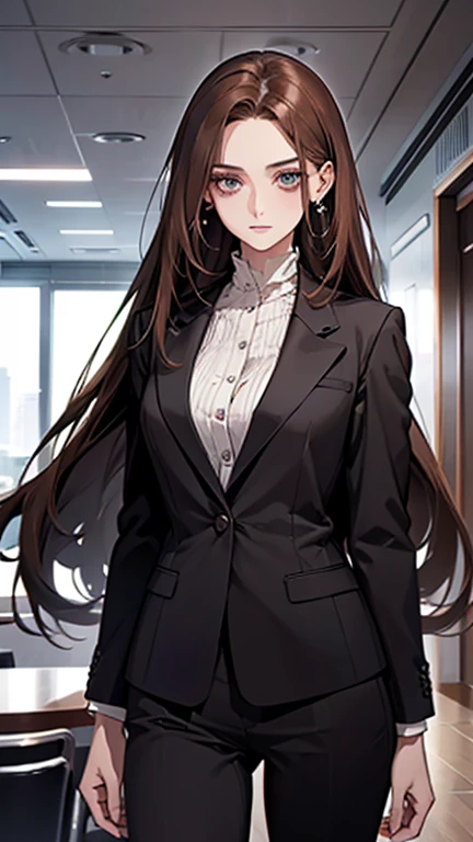 (highest quality,High resolution,Super detailed),1 girl, detailed and beautiful eyes, brown hair, Straight long hair tied back, wearing a black suit, mature woman,secretary, 25 years old, calm and calm, slender body shape, pale complexion, thin, calm, in the conference room.
