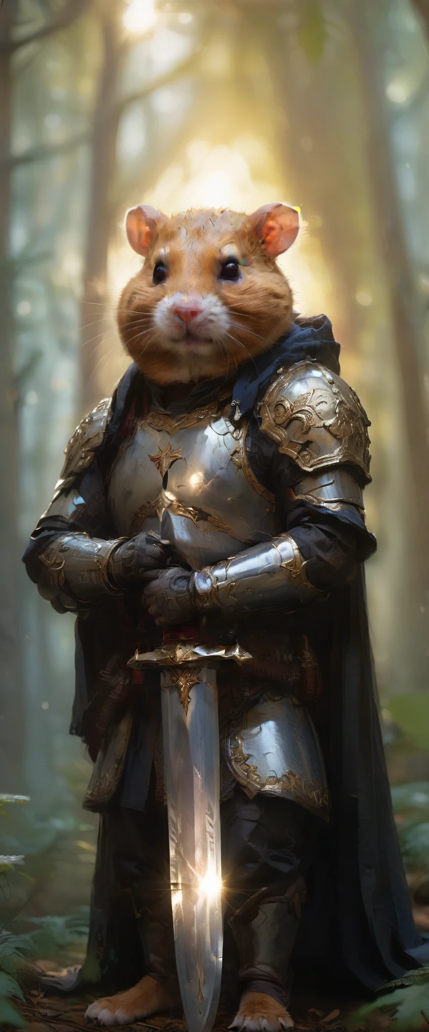 cinematic photo cinematic photo , extremely detailed fur, (((holding a gleaming ornate sword:1.85))), image of a wise old veteran hamster warrior wearing (shiny intricate armor:1.4) and a dark woolen cloak, haze, sparkles, glow effects, crepuscular rays, raw photo, 8k, true 4k, cinematic style, rim lighting, front light, spot light, perfect lighting, chiaroscuro, professional photoshoot, intricate, ultra detailed, in an overgrown enchanted forest, moss, (beautiful flowers:1.3), ferns and vines, extremely detailed background, light shafts, bokeh, hasselblad, 70mm, f/2, 35mm, raw photo, schneider super cinelux, cinematic photorealistic, 8k uhd natural lighting, raw, rich, intricate details, key visual, atmospheric lighting, 35mm photograph, film, bokeh, professional, 4k, highly detailed . 35mm photograph, film, bokeh, professional, 4k, highly detailed, cinematic photorealistic, 8k uhd natural lighting, raw, rich, intricate details, key visual, atmospheric lighting, 35mm photograph, film, bokeh, professional, 4k, highly detailed . 35mm photograph, film, bokeh, professional, 4k, highly detailed 