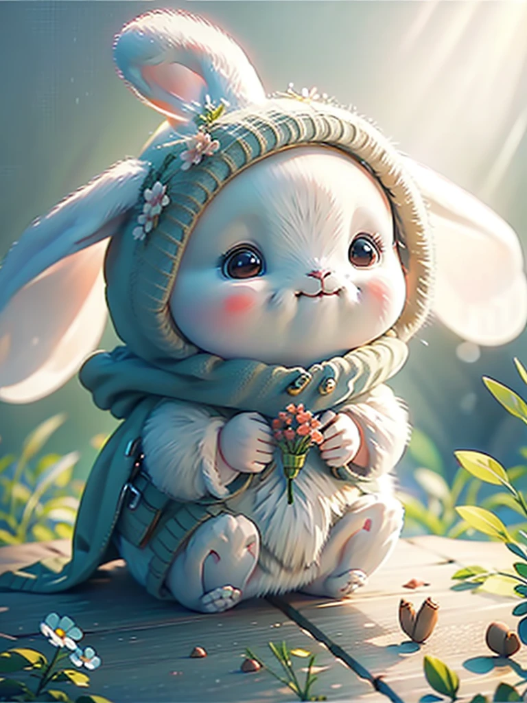 A rabbit，Take the carrot，Sitting Among the Flowers，fresh flowers，adolable，fluffly，realisticlying，gentlesoftlighting，forest backgrou