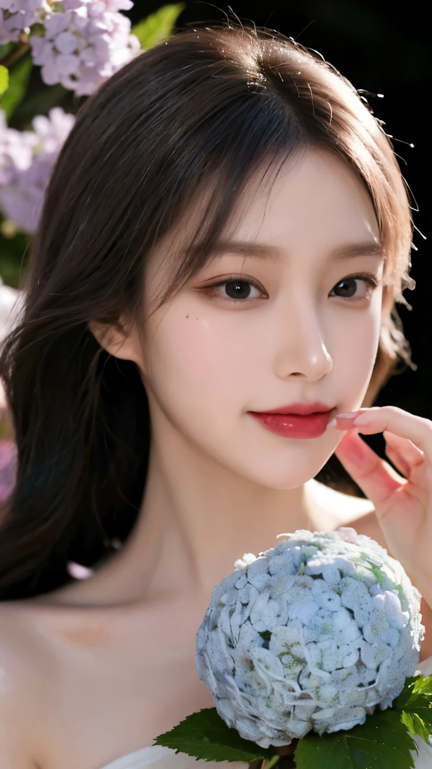 masterpiece, the best, night, full moon, 1 female, mature woman, Chinese style, China, Sister, Royal sister, Smile, Dark brown hair, black hair, princess cut, braid, curls, Double ball head, light pink lips, calm, intellectuals, Medium long hair, green pupils, hairpin, hydrangeas, delicate face, face close-up, Close-up of the hand