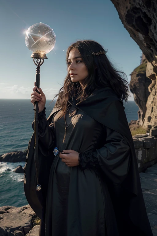 A mysterious enchantress stands atop a windswept cliff, her cloak billowing dramatically behind her, while holding a staff topped with a glowing crystal orb and her enigmatic gaze hinting at ancient secrets.