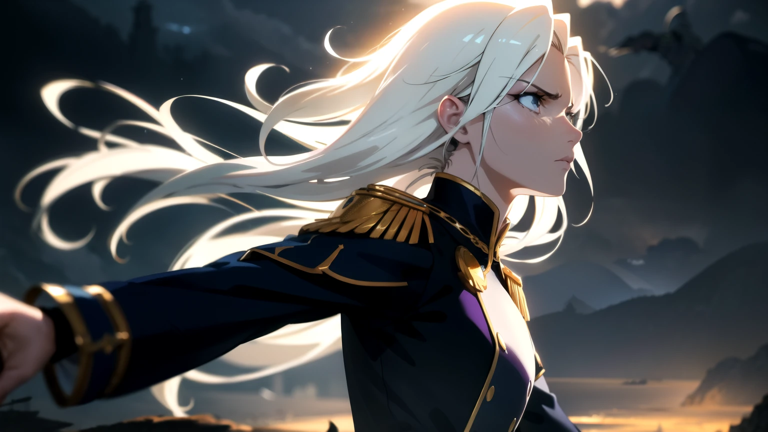 red uniform, fierce expression, dynamic pose, fantasy landscape, vibrant colors, magical glow, dramatic lighting, digitally painted, anime style, dark and moody tone, high resolution, realistic rendering, white hair,