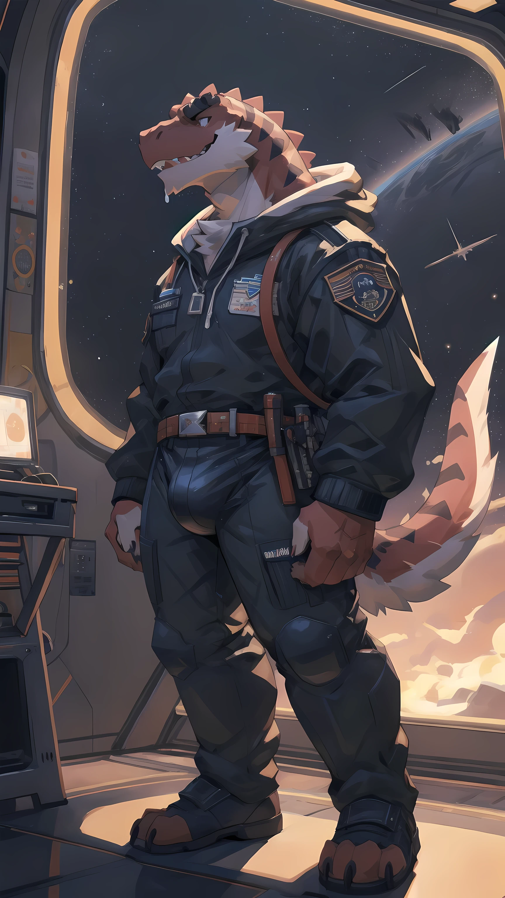 Solo, male, hands on hips, pulling pants down, by bigcozyorca, by goonie-san, by bebebebebe, by spikedmauler, facing viewer, black, black tyrannosaurus, bushy tail, buff, spacesuit, pulling pants down, showing off bulge, showing off, space observation deck background, open mouth, detailed mouth, tongue hanging out, drooling, smirking, eductive smile, lustful grin, bulge, bulging, hard bulge, adjusting hard bulge, adjusting bulge, adjusting crotch, masterbating, jacking off, touching dick